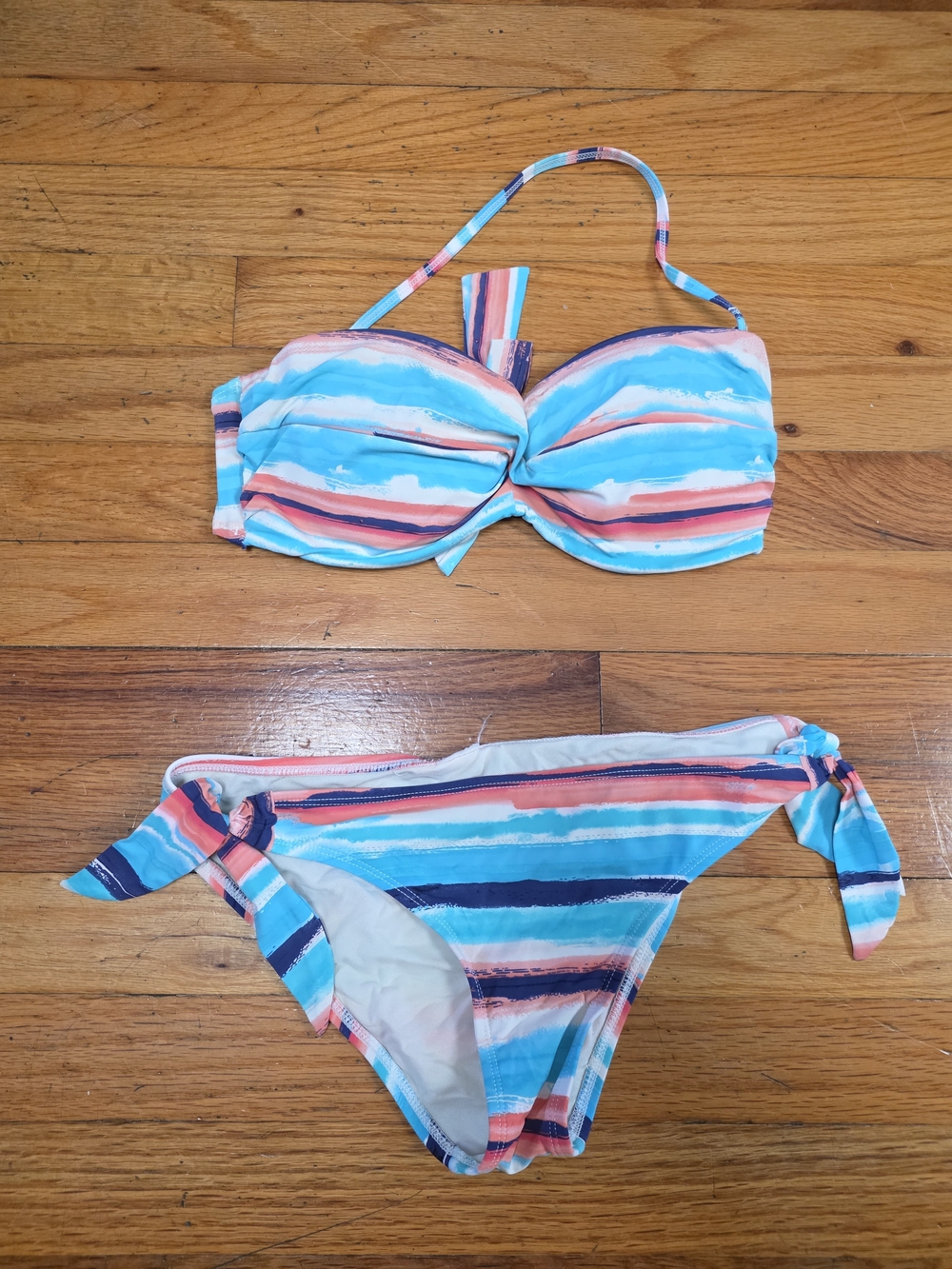 Skye Swimwear Turquoise Coral Navy Stripe Bandeau Bikini